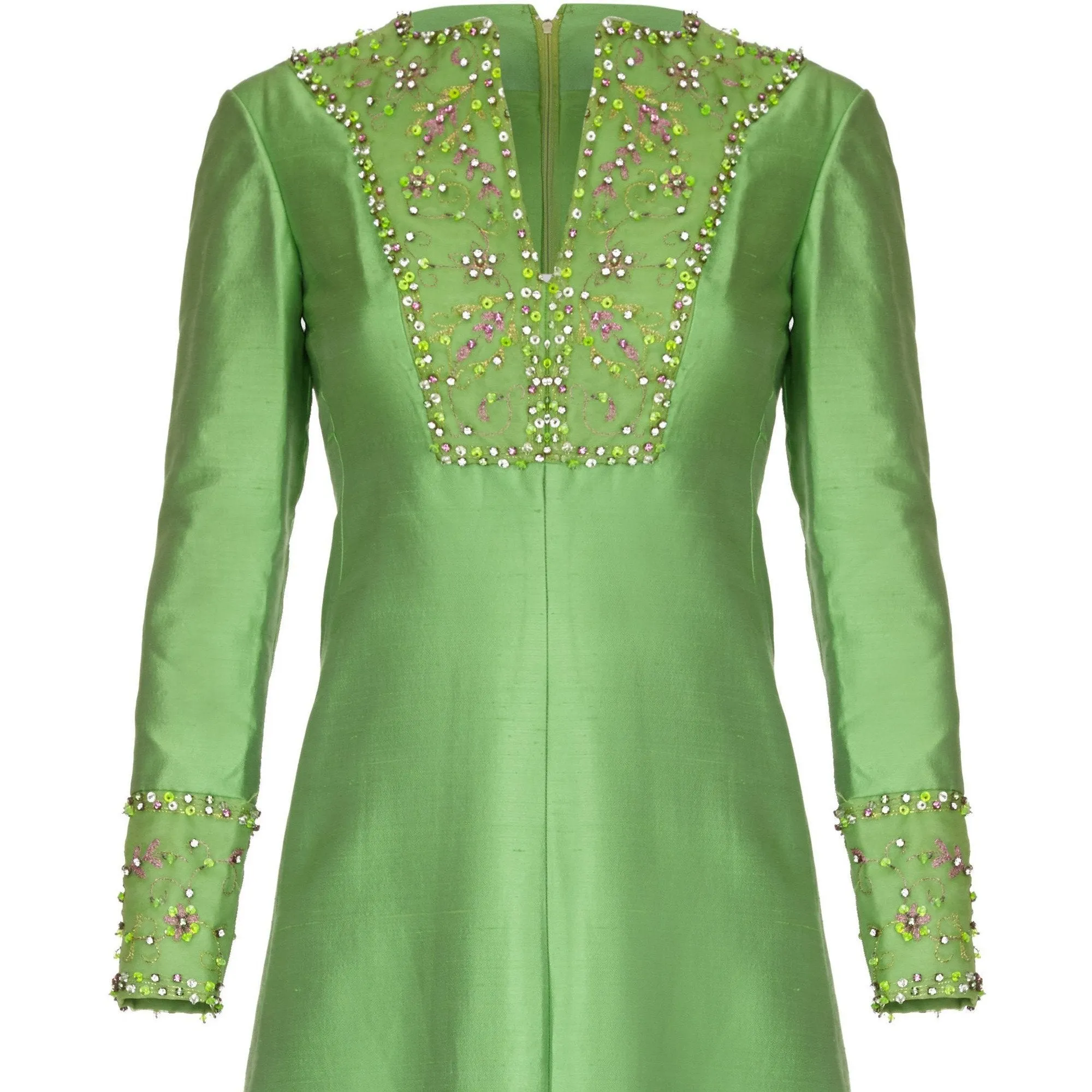 1960s Gino Charles for Malcolm Starr Green Beaded Collar Dress