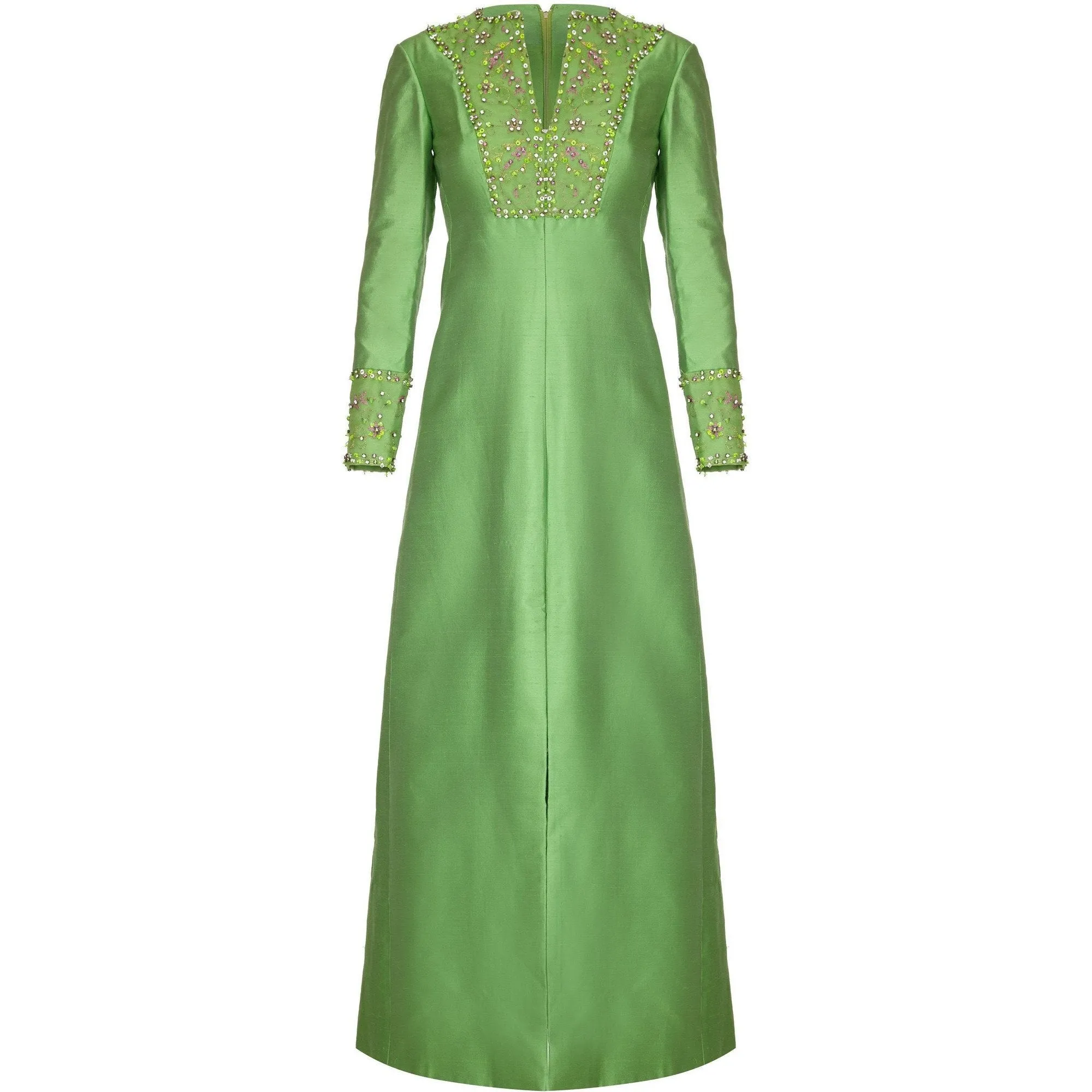 1960s Gino Charles for Malcolm Starr Green Beaded Collar Dress