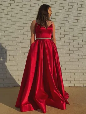 A Line V Neck Red Satin Long Prom with Belt, V Neck Red Formal, Red Evening