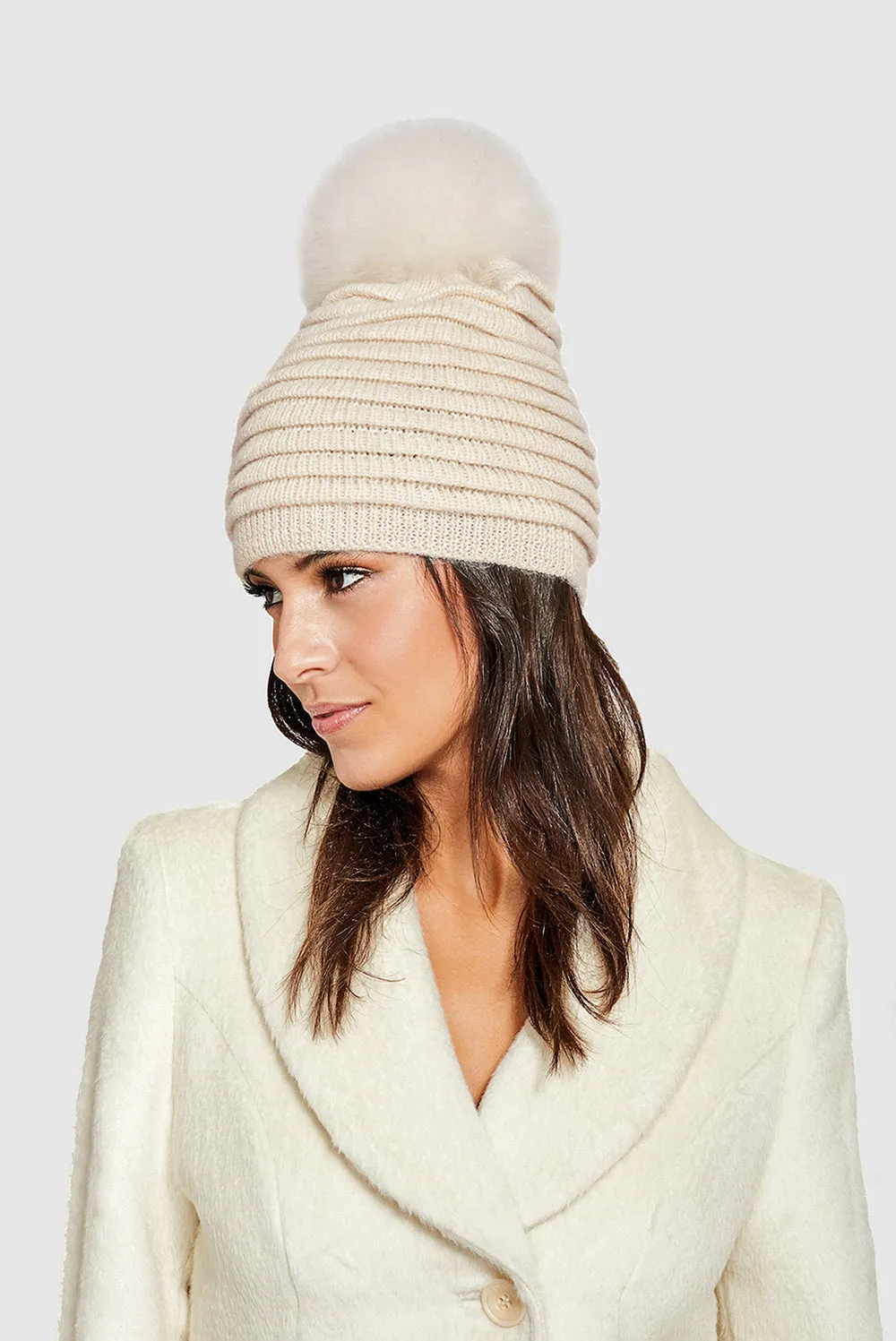 Adult Ribbed Hat With Oversized Fur Pompon