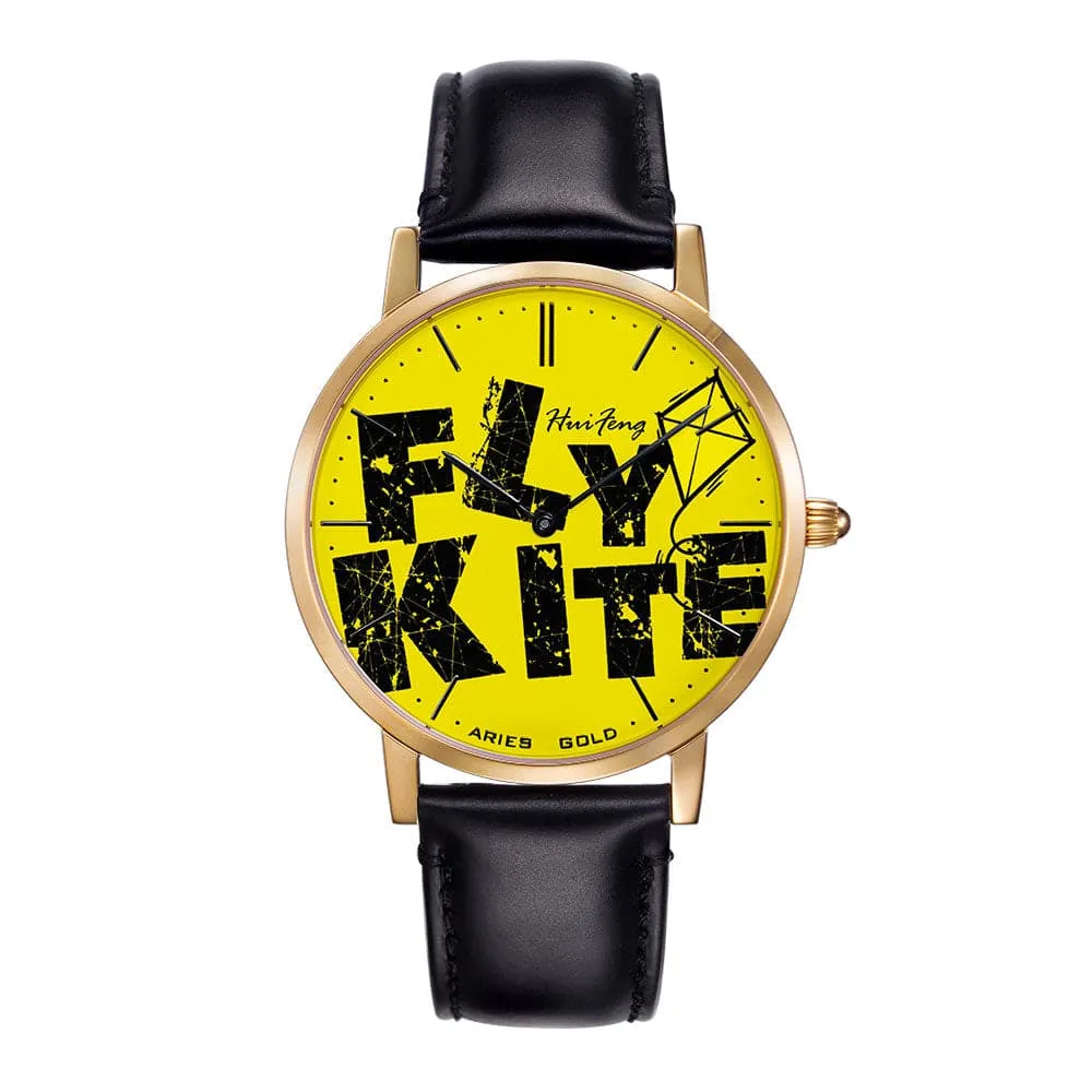 ARIES GOLD CUSTOMISED GOLD STAINLESS STEEL WATCH - FLY KITE YELLOW UNISEX LEATHER STRAP WATCH