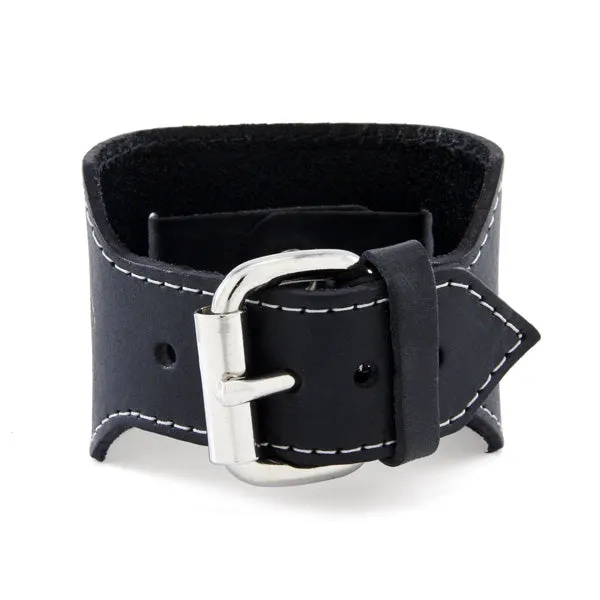 Black Pointium Diamond Cut Watch with Black Arrow End Single Stitch Leather Cuff Band GSB078K