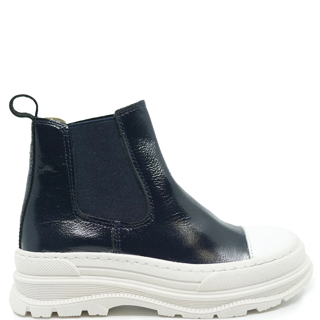 Blublonc Navy Patent Leather Slip On Sneaker Boot