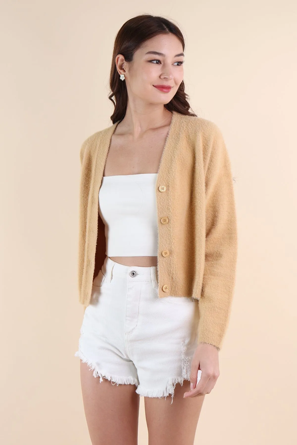 EMMA FURRY KNIT CARDIGAN IN CARAMEL