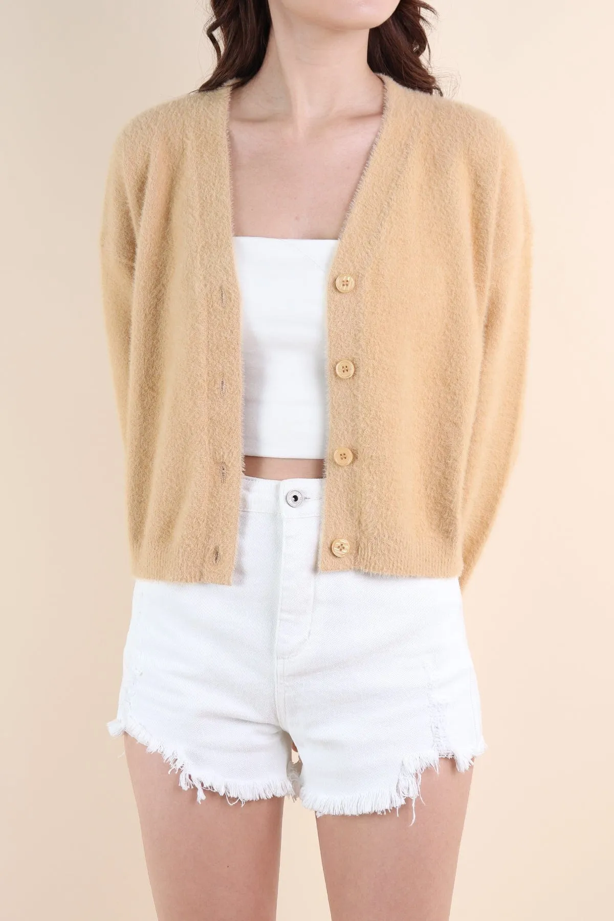 EMMA FURRY KNIT CARDIGAN IN CARAMEL