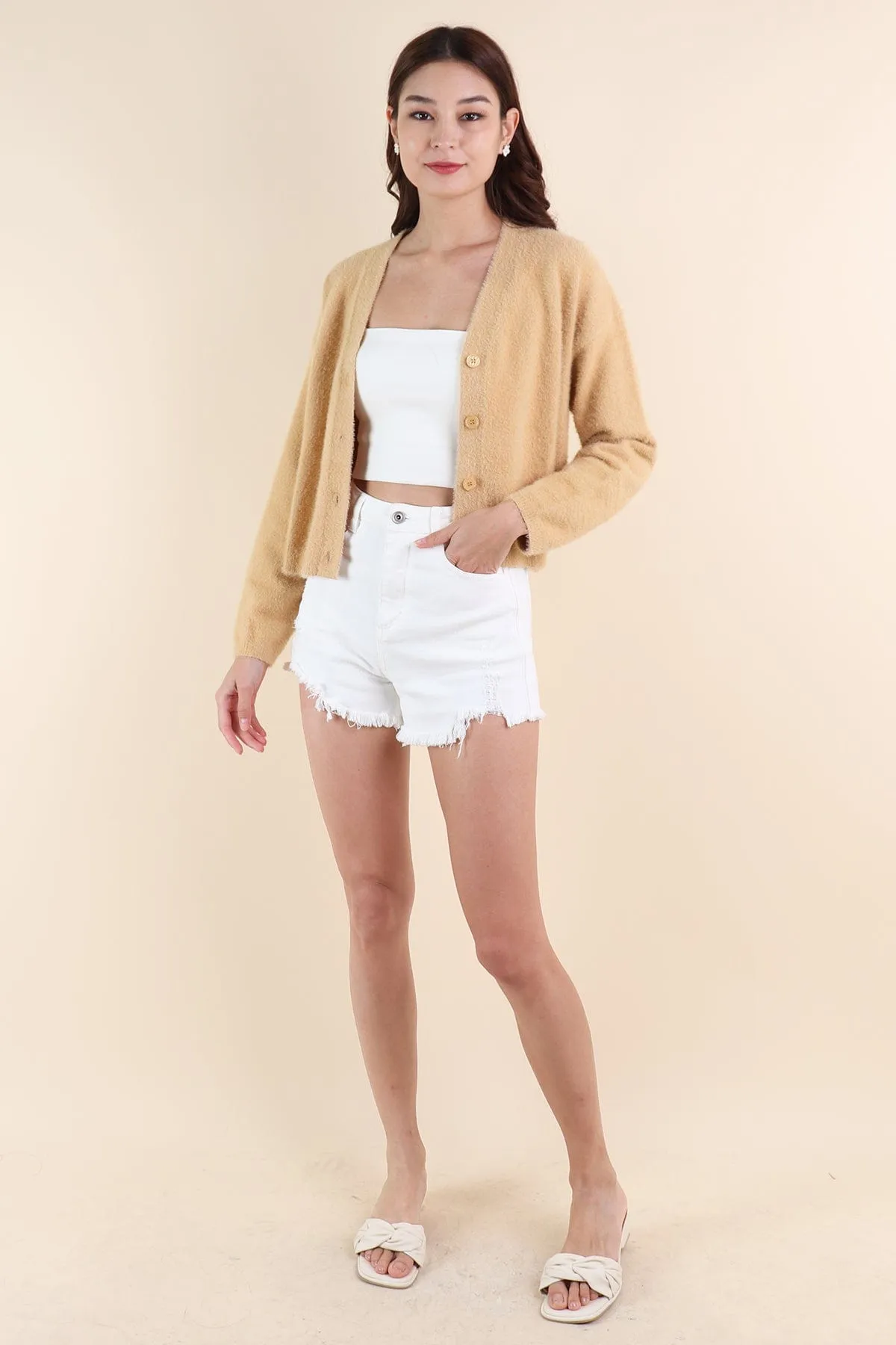 EMMA FURRY KNIT CARDIGAN IN CARAMEL