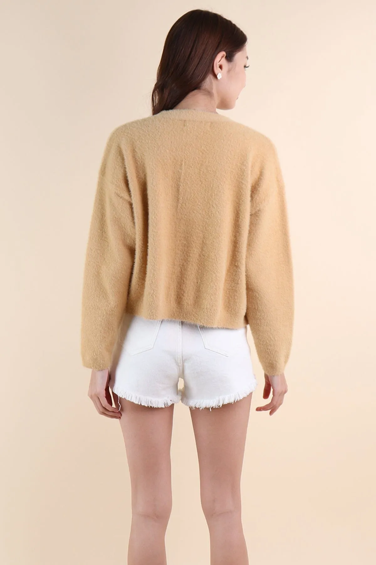 EMMA FURRY KNIT CARDIGAN IN CARAMEL