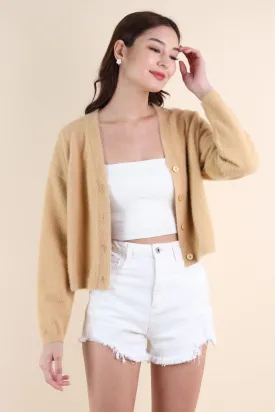 EMMA FURRY KNIT CARDIGAN IN CARAMEL