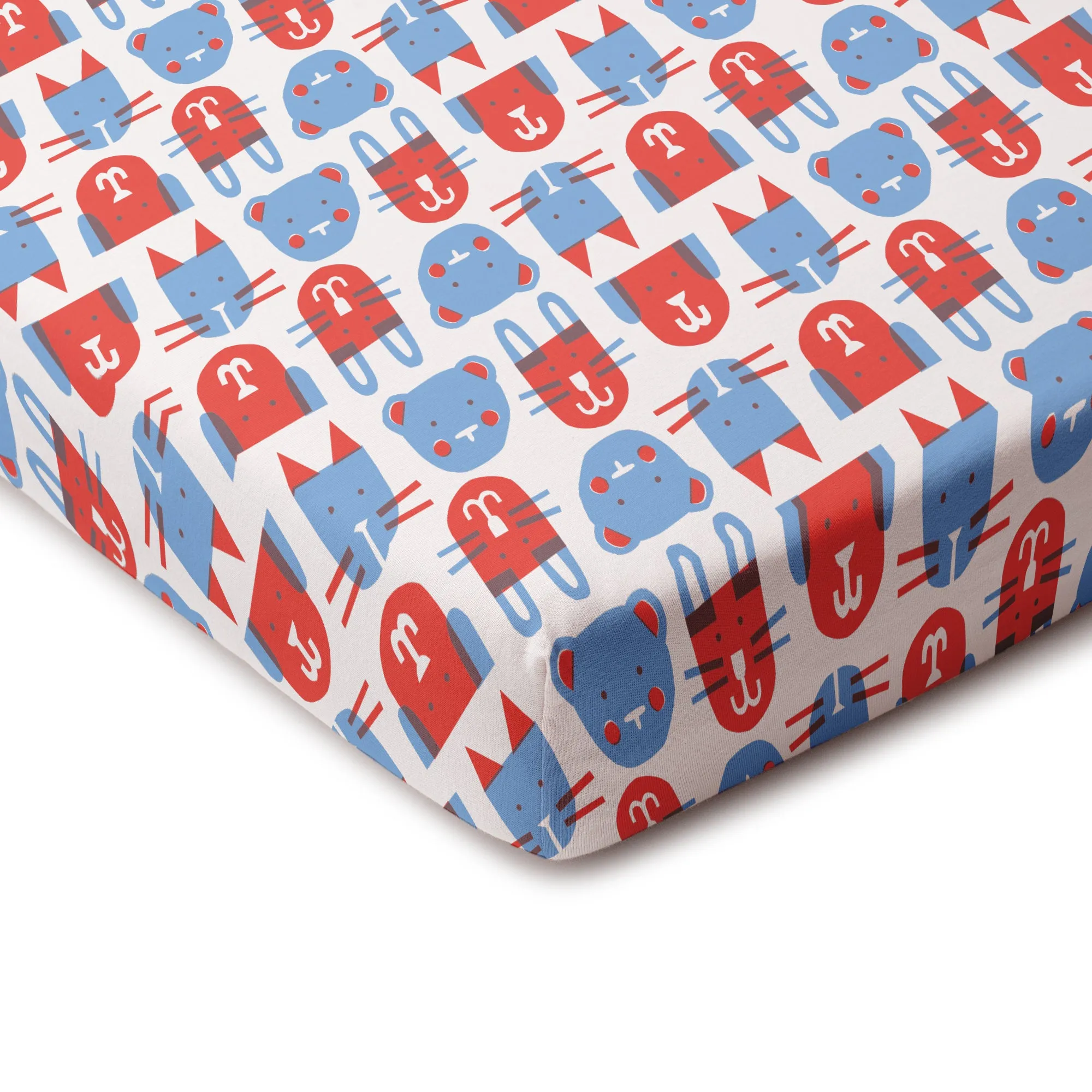 Fitted Crib Sheet - Furry Friends Red & Blue