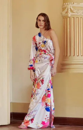 Floral One-shoulder Satin Maxi Dress