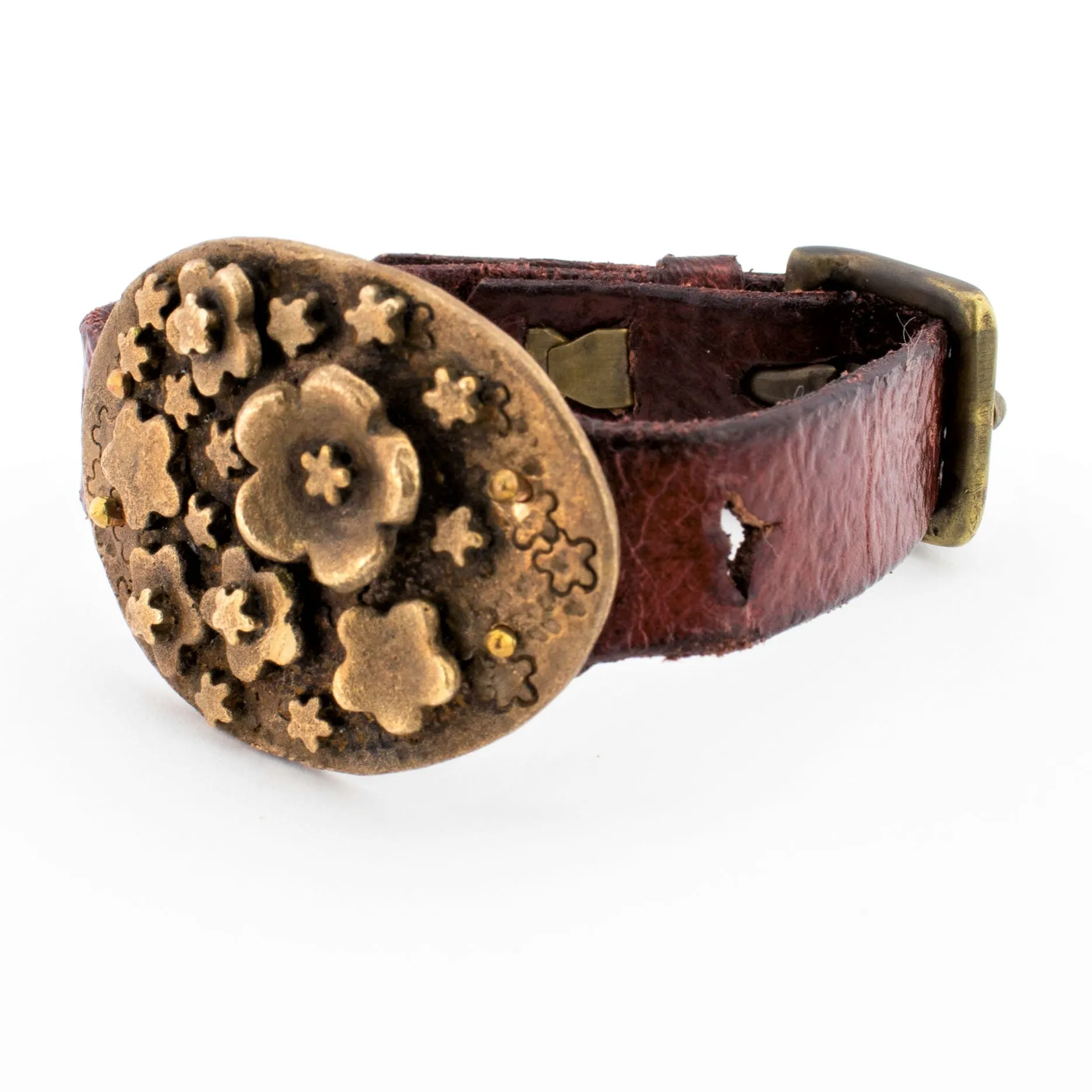 Gold Floral Bronze Medallion Red Bordeaux Vintage Leather Buckle Bracelet