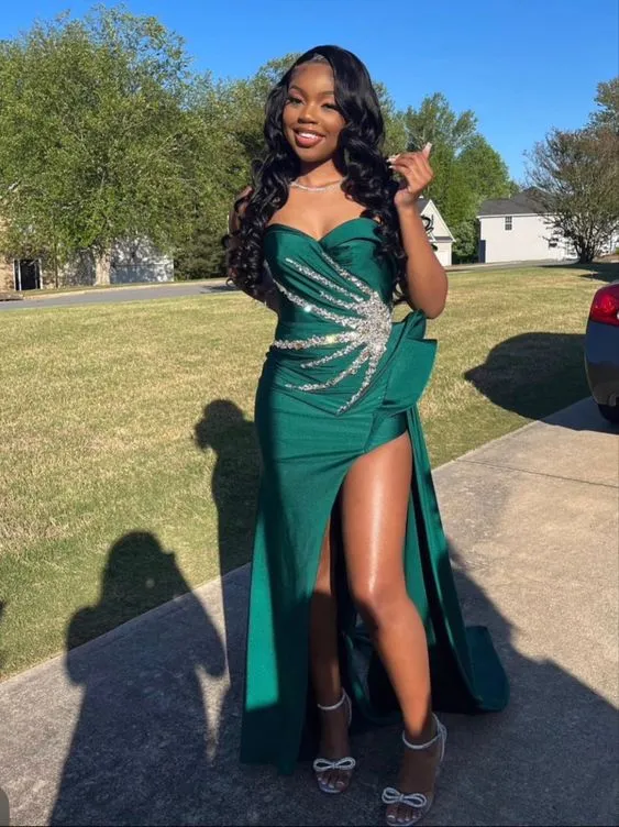 Green Satin Sweetheart Neck Beaded Mermaid Slit Prom Dress Evening Dress SH1137