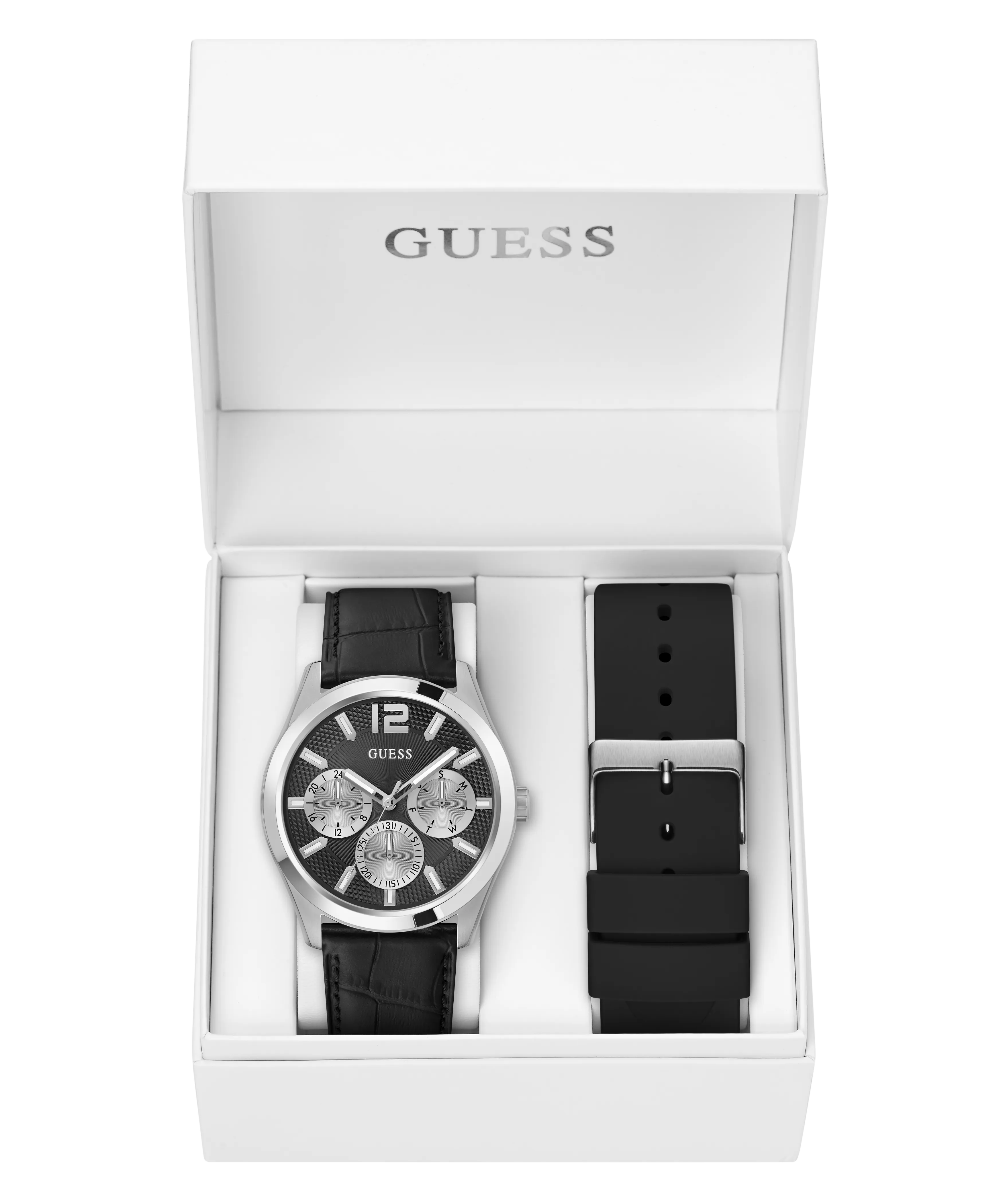GUESS Mens Silver Tone Multi-function Watch Box Set