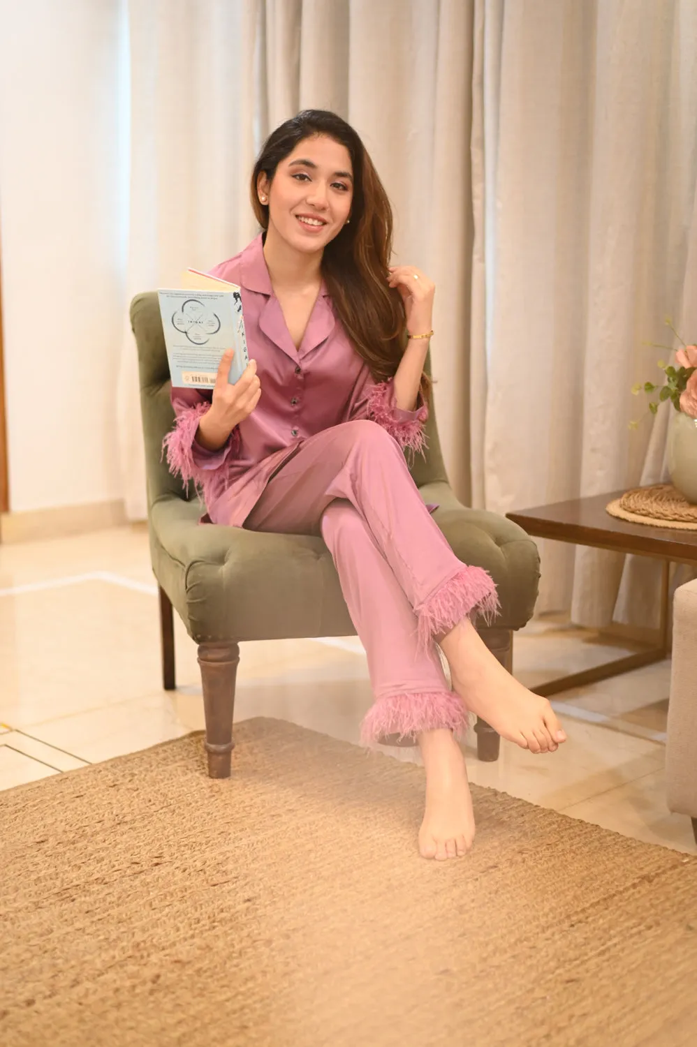 Lavender Pj set in Satin with Fur detail