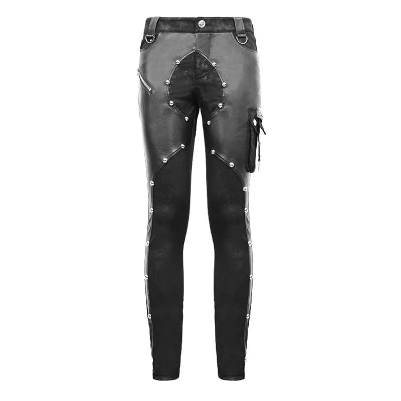 Men's Faux Leather Zipper Rivets Spliced Trousers With Pocket