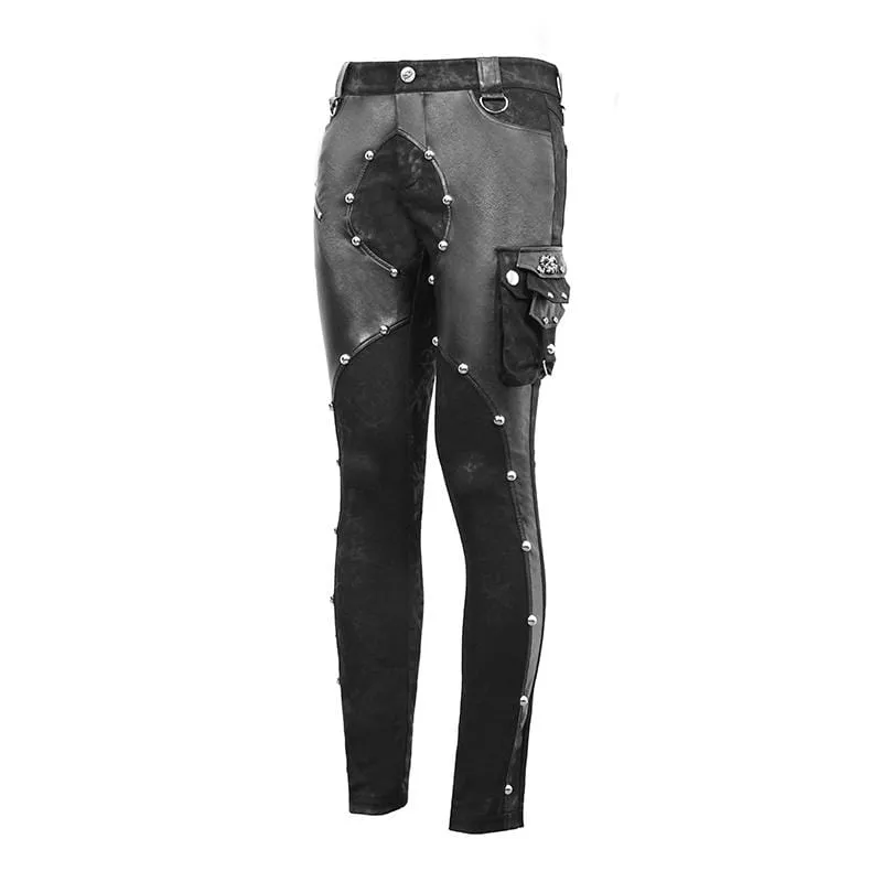 Men's Faux Leather Zipper Rivets Spliced Trousers With Pocket