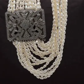 Multi-Strand Rice Pearls With Ornate Clasp Fashion Necklace