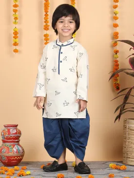 Polka Tots Full Sleeve Origami Embroidery Kurta With Dhoti Set - Blue