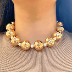 TFC Bold Textured Bead And Pearl Gold Plated Necklace