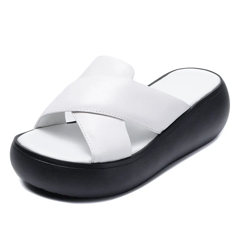 Women Leather Summer Casual Platform Slide Sandals